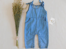 Load image into Gallery viewer, denim romper with tie strap details 2T
